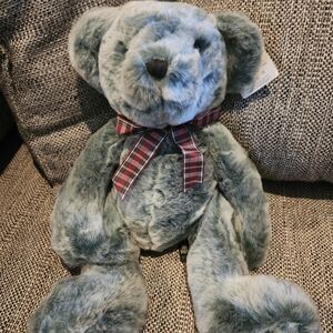 Vintage Russ Berrie Brambles Blue Stuffed Bear with Plaid Bow